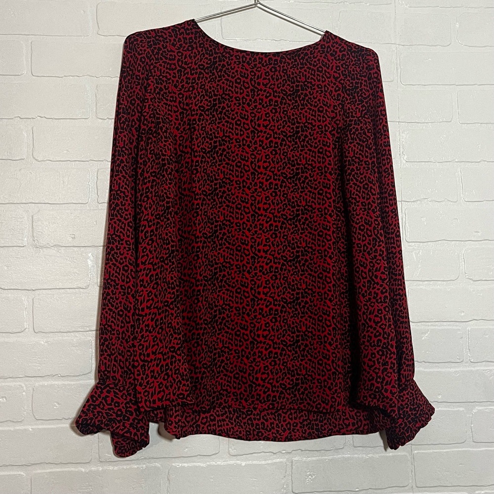 LOFT Long Sleeve Blouse Red Black Leopard Print Scoop Neck Cuff Sleeves MEDIUM